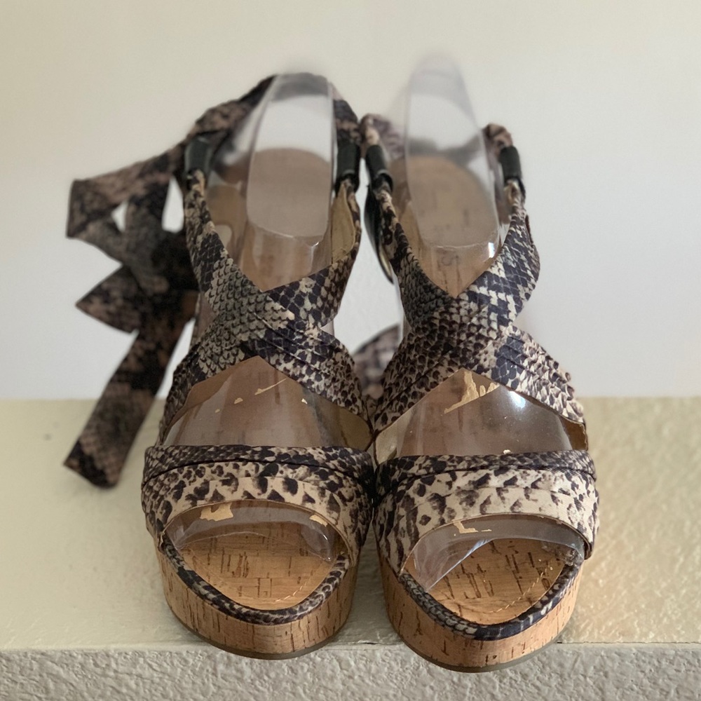 GUESS Lace Up Snake Print Wedges - 8